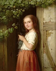 Young Girl Standing in a Doorway Knitting